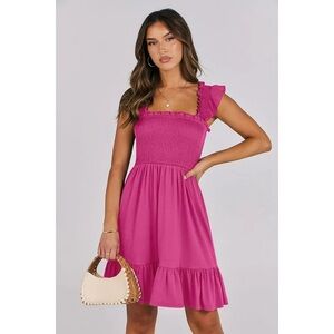 Pink Smocked Ruffled Flounce Hem Square Neck Knee Length Dress Women’s Size XL